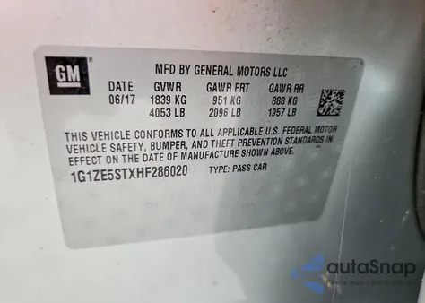 2017 Chevrolet Malibu Lt из США, поврежденный, VIN 1G1ZE5STXHF286020